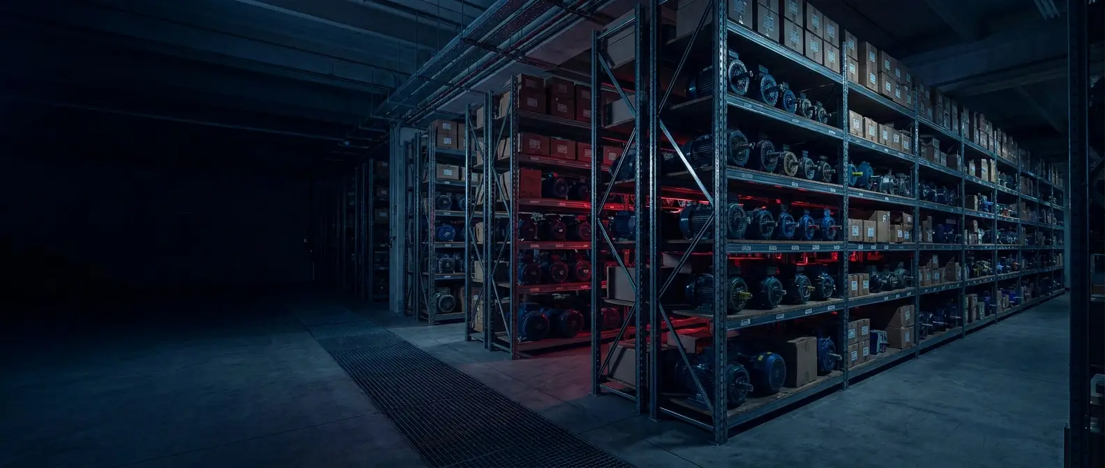 Warehouse shelves stocked with electric motors of every size